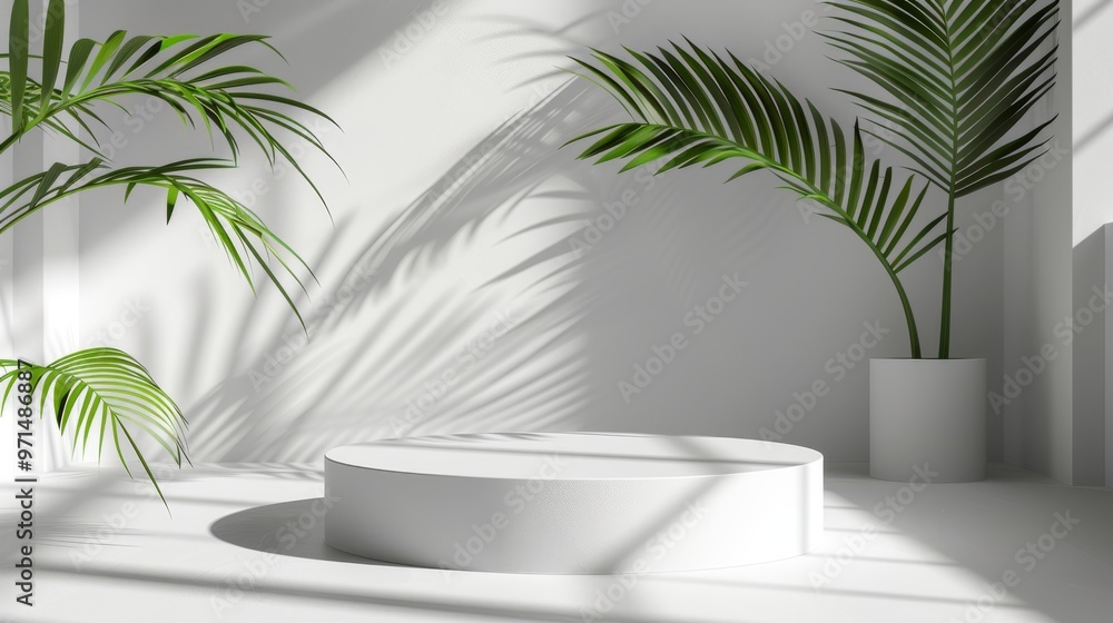 Abstract 3D room, white cylinder podium, palm leaf shadows, modern and elegant product showcase Abstract 3D room, white cylinder podium, palm leaf shadows, modern and elegant product showcase