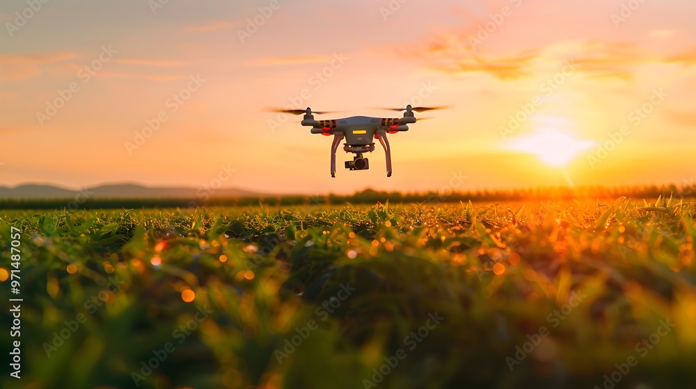 Drone Monitoring Crop Health Over Scenic Agricultural Fields at Sunset Drone Monitoring Crop Health Over Scenic Agricultural Fields at Sunset