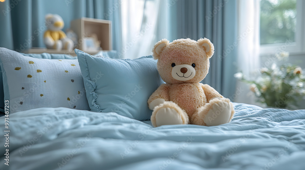 A teddy bear sits on a blue bed with pillows, creating a cozy and inviting atmosphere.