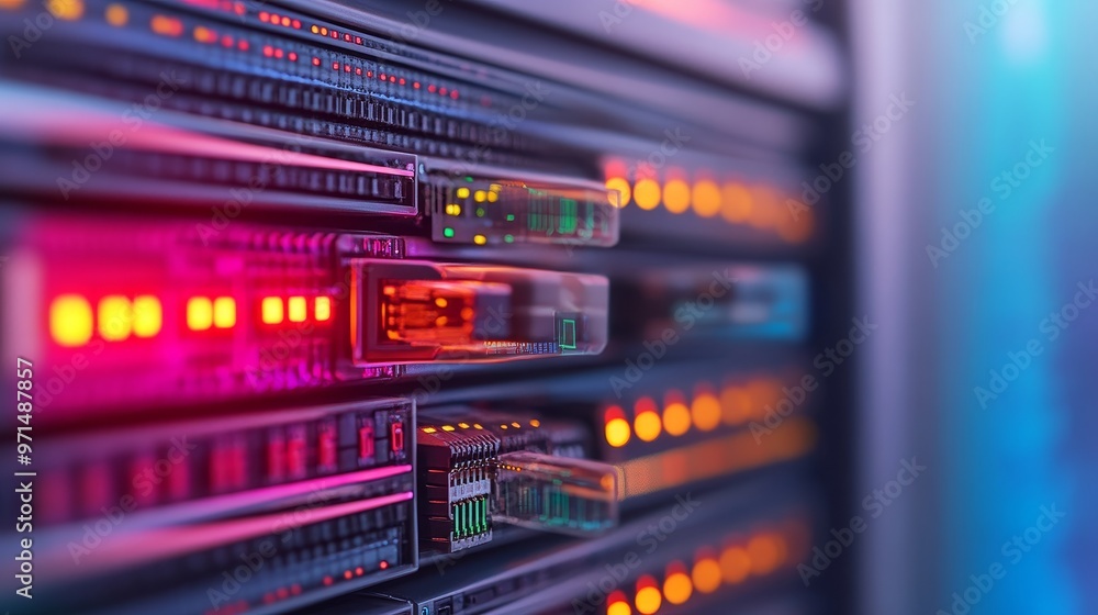 Close up of a server rack with blinking lights, showing data transfer in progress. Close up of a server rack with blinking lights, showing data transfer in progress.