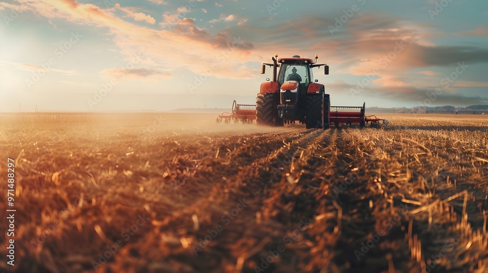 Fototapeta premium Autonomous Tractor Plowing Field Showcasing the Future of Intelligent Farming