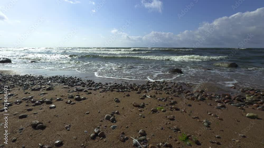 A serene coastal scene featuring a sandy beach with scattered rocks and pebbles along the shoreline, where gentle waves meet the shore under bright sunlight. The water shimmers as it moves across the A serene coastal scene featuring a sandy beach with scattered rocks and pebbles along the shoreline, where gentle waves meet the shore under bright sunlight. The water shimmers as it moves across the