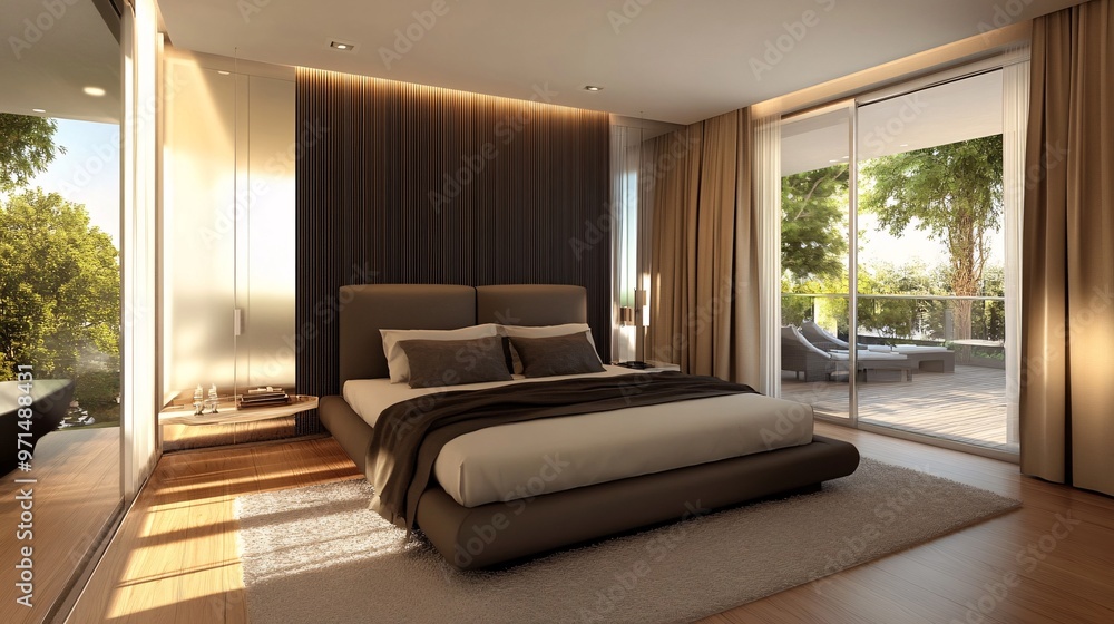Modern Bedroom Interior with Sliding Doors and Garden View Modern Bedroom Interior with Sliding Doors and Garden View
