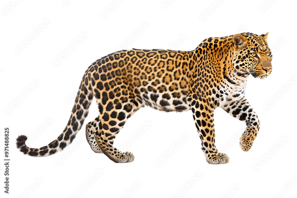 Majestic leopard in a natural pose with distinctive spots isolated on transparent background Majestic leopard in a natural pose with distinctive spots isolated on transparent background