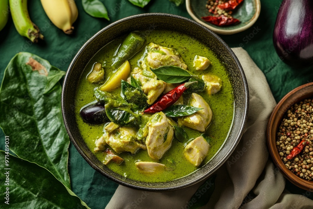 A bowl of green chicken curry with fresh ingredients. A bowl of green chicken curry with fresh ingredients.