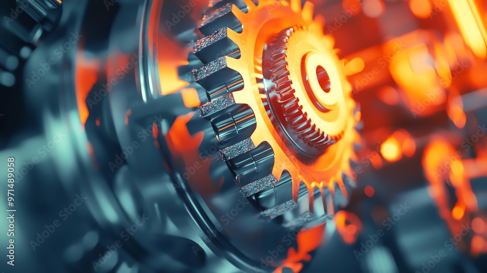 Close-up of metallic gears with a glowing orange hue, showcasing intricate details and mechanical beauty in a vibrant composition. Close-up of metallic gears with a glowing orange hue, showcasing intricate details and mechanical beauty in a vibrant composition.