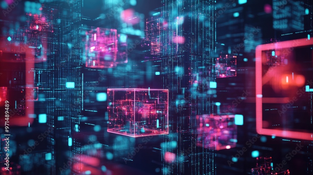 Obraz premium Abstract digital background with glowing cubes and data streams, representing technology, innovation, and the future of digital spaces.
