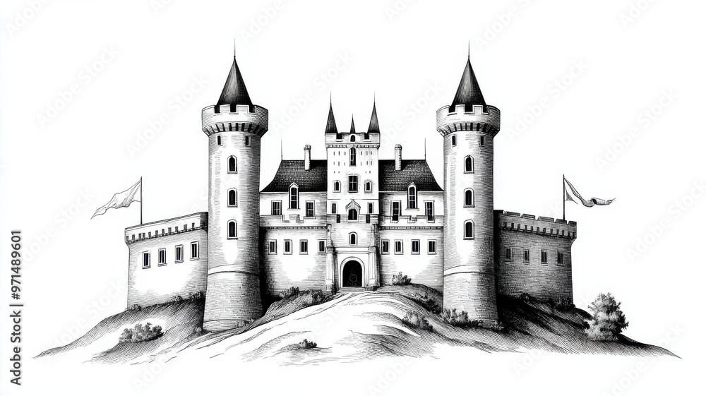 A detailed illustration of a medieval castle with towers, flags, and a hillside setting, evoking a sense of history and grandeur. A detailed illustration of a medieval castle with towers, flags, and a hillside setting, evoking a sense of history and grandeur.