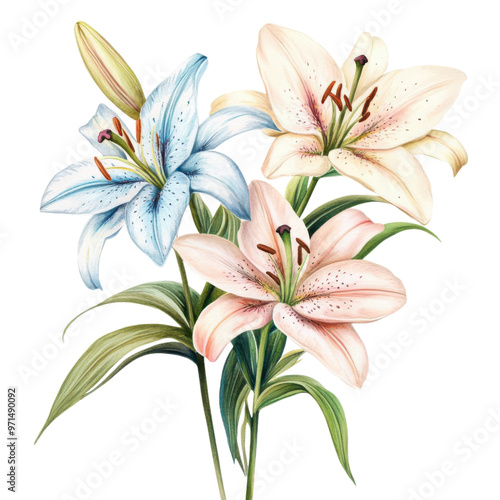 elegant watercolor lilies, vintage floral clipart, soft colors, hd quality, isolated on white