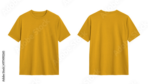 Yellow t shirt mockup, front and back view, isolated on white background. Perfect for branding and design.