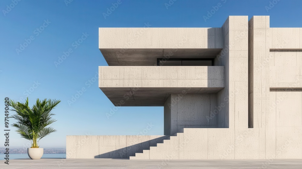 Fototapeta premium Modern concrete building with minimalist design and palm tree against a clear blue sky, showcasing contemporary architecture.