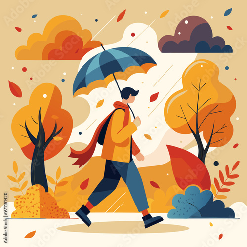 Man with umbrella in the rain, walking in the park, autumn landscape