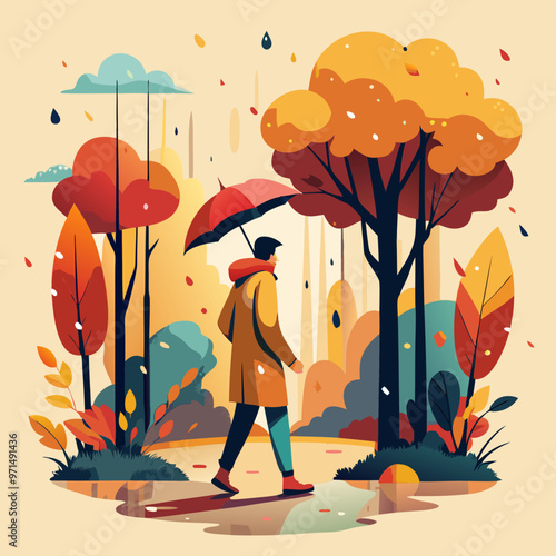 Man with umbrella in the rain, walking in the park, autumn landscape