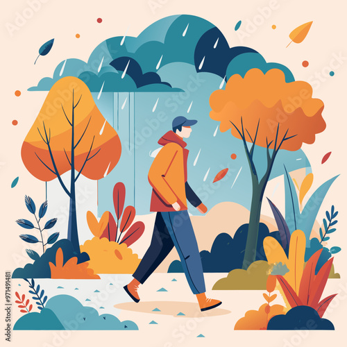 Man with umbrella in the rain, walking in the park, autumn landscape