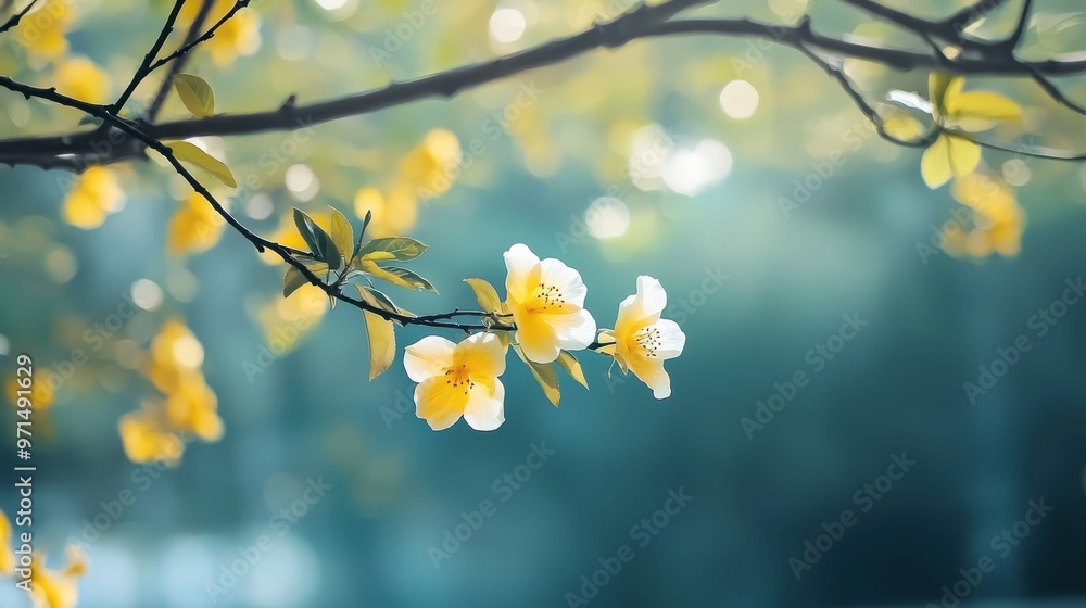 A tree branch with yellow flowers in front, background consists of blurred tree silhouettes A tree branch with yellow flowers in front, background consists of blurred tree silhouettes