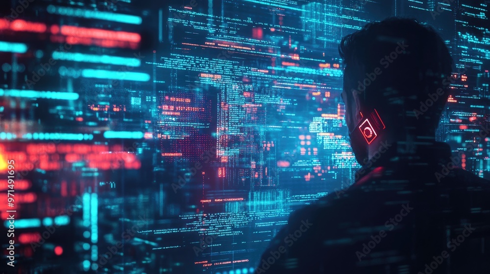 A man in a dark jacket stands in front of a screen with glowing code. The code is in shades of blue and red. The man looks intently at the code.