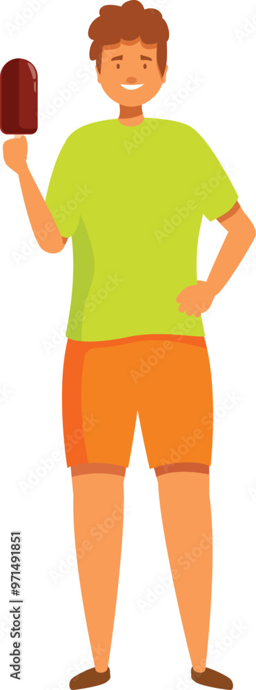 Fototapeta premium Cheerful young man is standing and holding a chocolate ice cream bar on a hot summer day