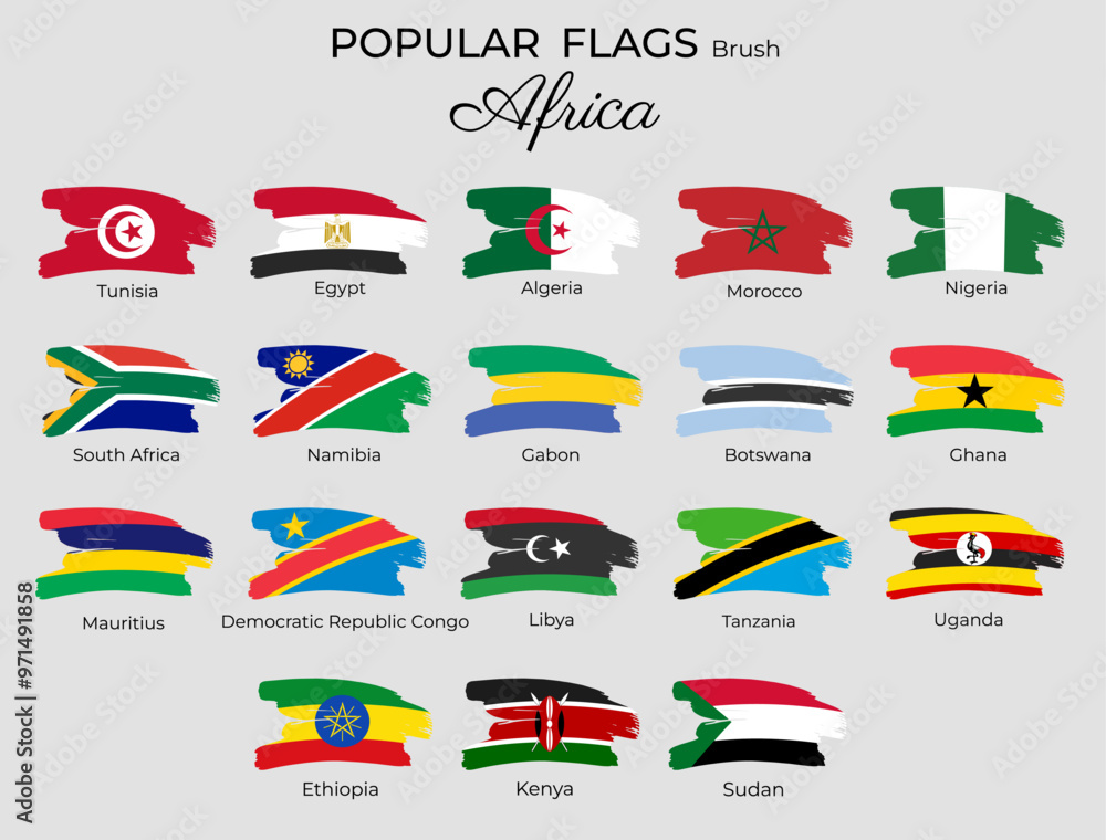 African flags with brush paint textured. Africa flags brush grunge flat icons. Nigeria Uganda Egypt Kenya African flags with brush paint textured. Africa flags brush grunge flat icons. Nigeria Uganda Egypt Kenya