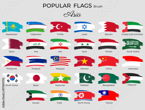 Asia flags with brush paint textured. Asian Flags brush grunge flat icons. South Korea, Turkey, India, Iraq
