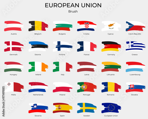 European union flags with brush paint textured. EU flags, grunge icons.