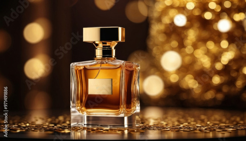 luxury perfume expensive aroma against the backdrop of the warm glow of bokeh lights. ai generated