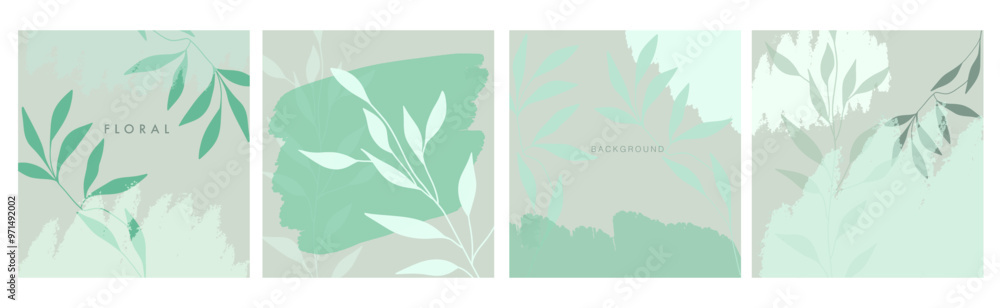 Floral green square backgrounds. Minimalistic style floral theme with soft green leaves and abstract shapes. Vector illustrations for banner, invitation, social media post, poster, card themes. Floral green square backgrounds. Minimalistic style floral theme with soft green leaves and abstract shapes. Vector illustrations for banner, invitation, social media post, poster, card themes.