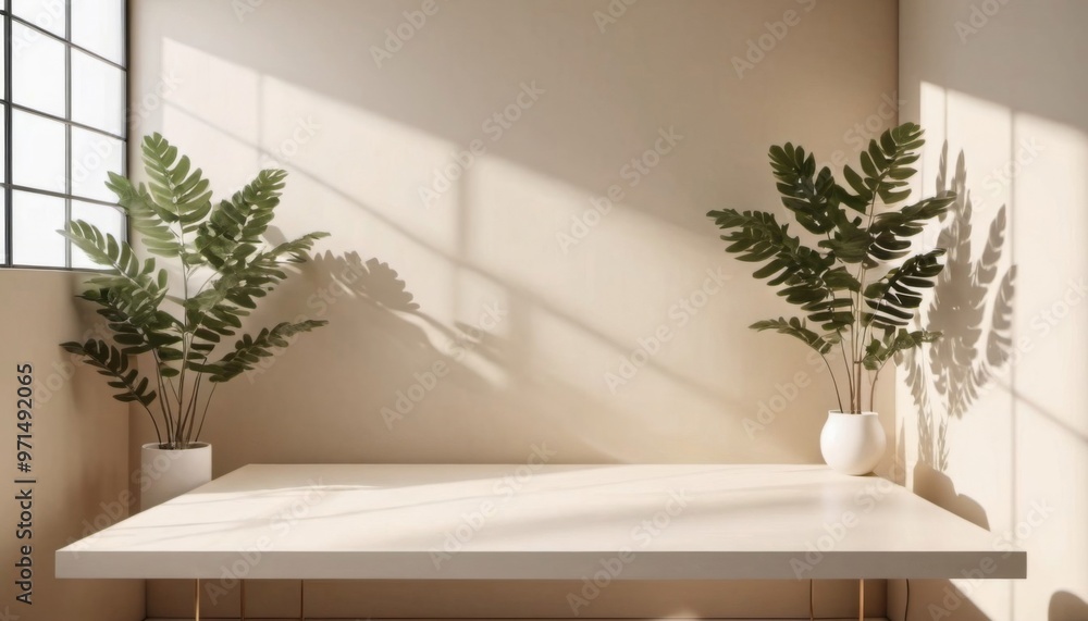.table on warm beige wall background with sun rays and plant, empty concept mockup for your idea, ai generated, ai .table on warm beige wall background with sun rays and plant, empty concept mockup for your idea, ai generated, ai
