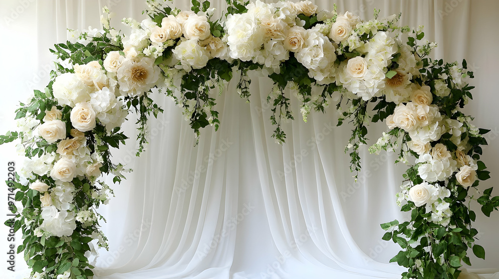 A floral arch adorned with white and cream flowers against a soft backdrop. A floral arch adorned with white and cream flowers against a soft backdrop.