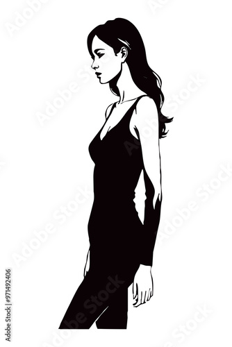 Fictional female character. Black and white line art. Logo design for use in graphics. T-shirt print, tattoo design.