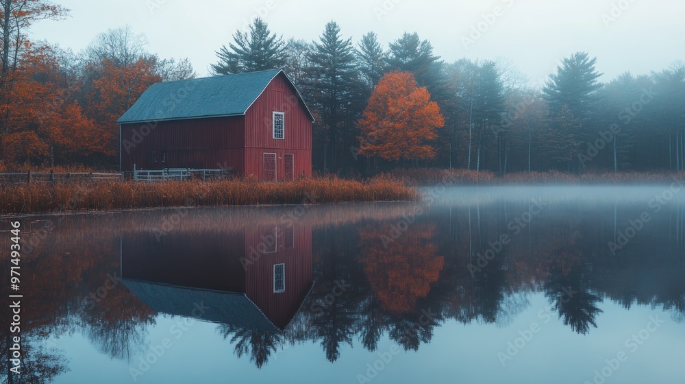 Fototapeta premium Red Barn Reflecting in Misty Lake