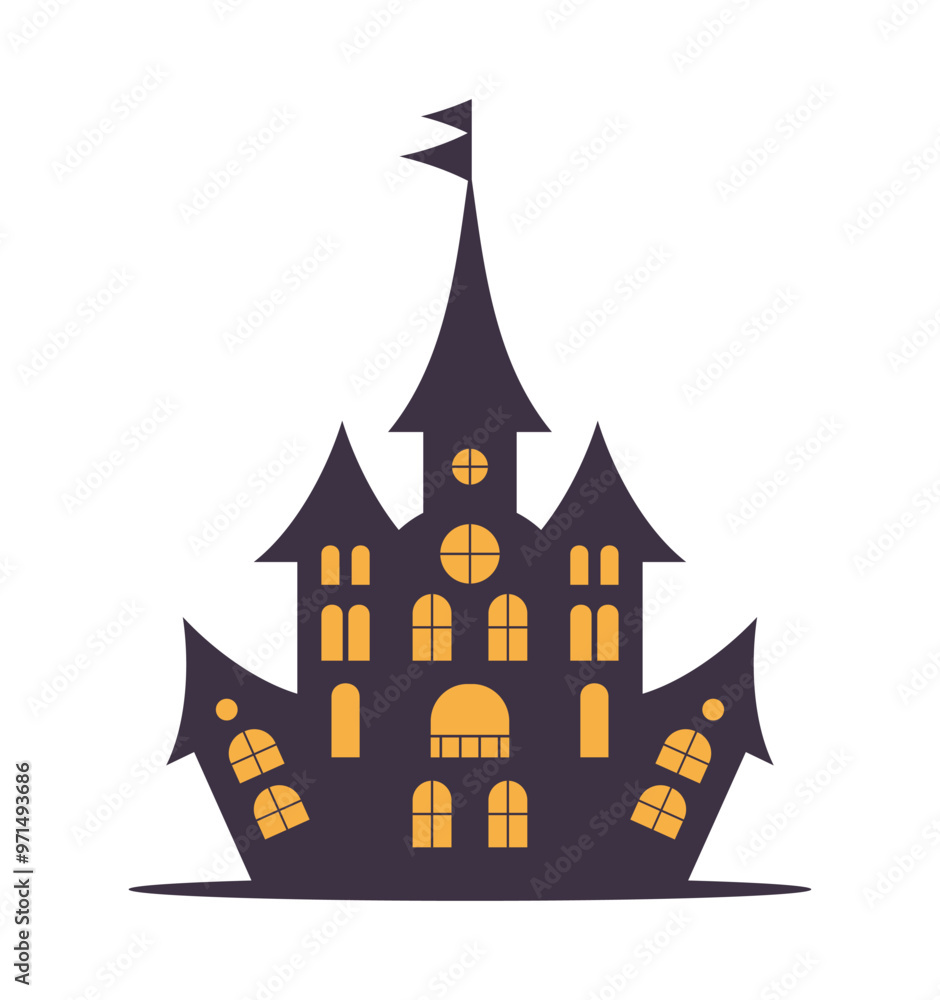 Silhouette of a Halloween castle with yellow lights in the windows, isolated on a white background. Flat vector illustration Silhouette of a Halloween castle with yellow lights in the windows, isolated on a white background. Flat vector illustration