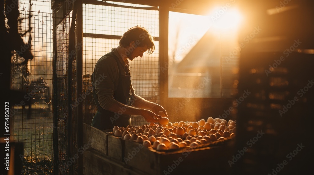Fototapeta premium Farmer Gathering Fresh Eggs at Sunset
