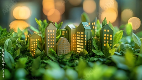 A vibrant green cityscape with paper buildings and lush leaves, representing eco-friendly urban development photo