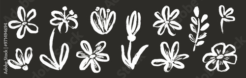 Flower abstract hand drawn brush chalk stroke. Sketch hand drawn silhouette floral plant, nature graphic leaf, floral grunge abstract brush. Vector simple flower on chalkboard. Vector illustration