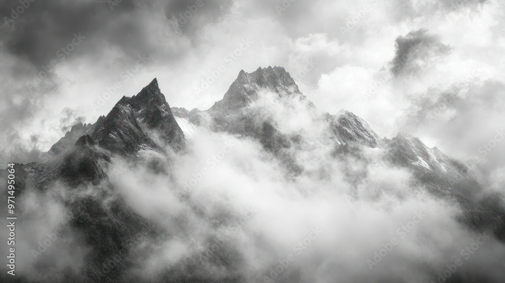 Obraz premium Mountain Peaks Cloaked in Dense Fog and Clouds