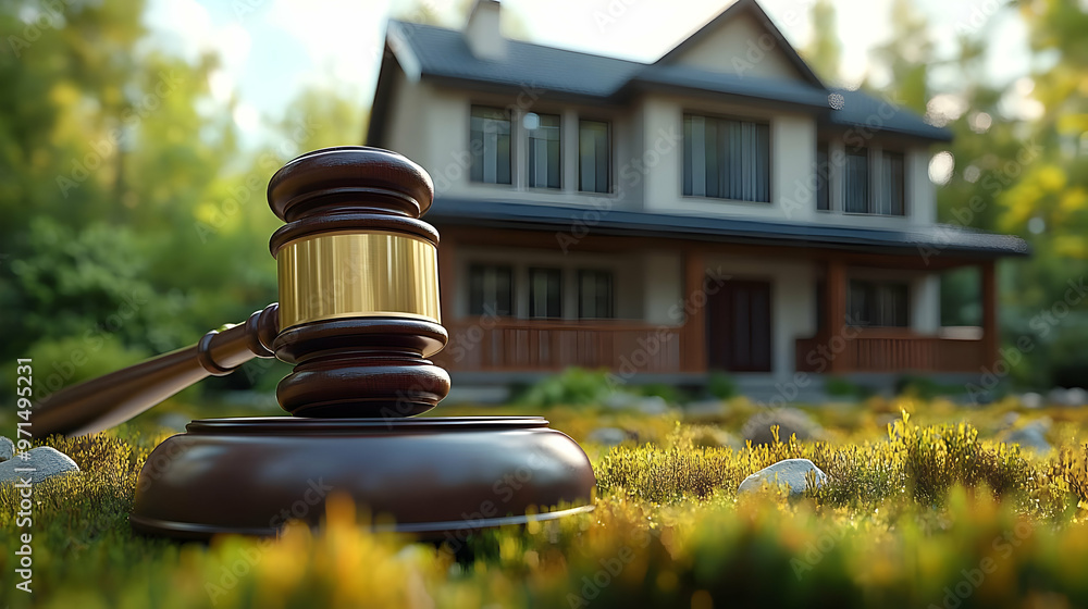 A gavel in front of a house, symbolizing real estate law or property auction. A gavel in front of a house, symbolizing real estate law or property auction.