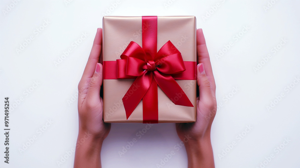 Hands holding gift box with red ribbon isolated on white background Hands holding gift box with red ribbon isolated on white background
