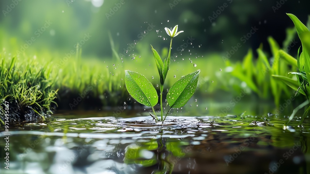 A tight shot of a tiny green plant submerged in water, surrounded by grass and adorned with water droplets on its surface A tight shot of a tiny green plant submerged in water, surrounded by grass and adorned with water droplets on its surface