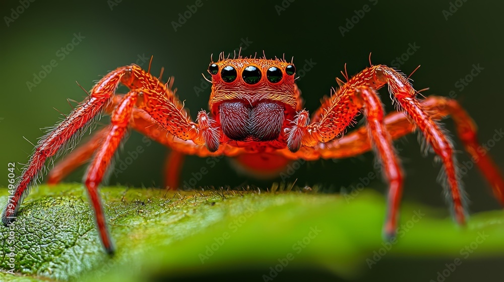 A tight shot of a red spider on a green leaf with a blurred background A tight shot of a red spider on a green leaf with a blurred background