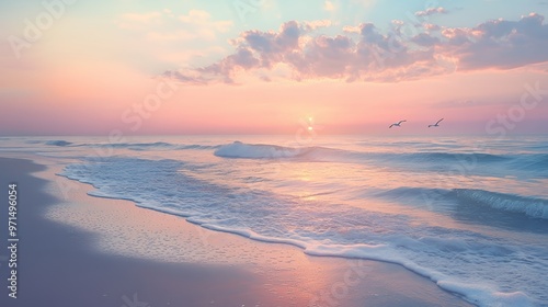 Soft, pastel pink and blue sunrise over a tranquil ocean with gentle waves lapping on a sandy beach.