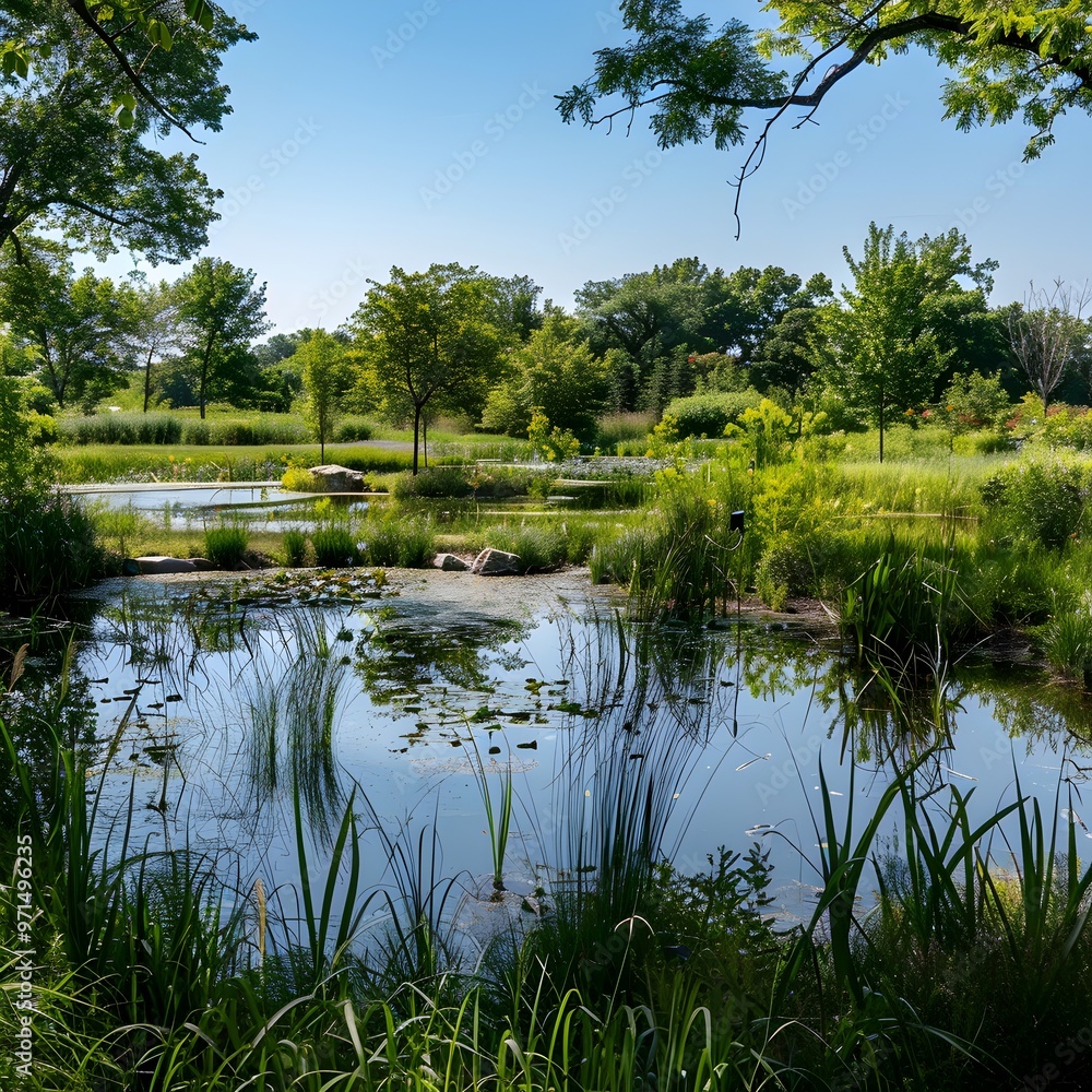 Tranquil Urban Green Oasis with Pond and Native Vegetation Tranquil Urban Green Oasis with Pond and Native Vegetation