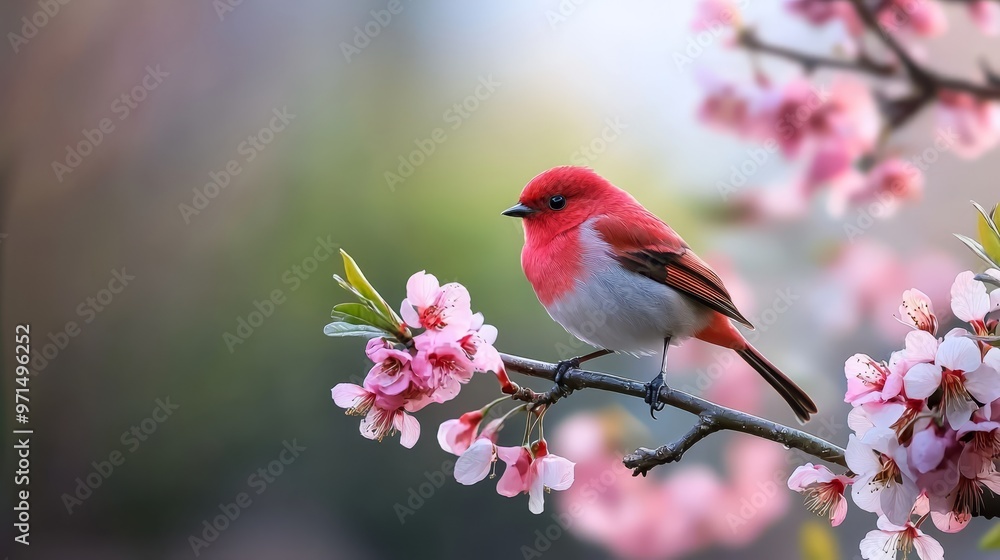 A small red-and-white bird perches on a blooming tree branch, surrounded by pink blossoms in the foreground A small red-and-white bird perches on a blooming tree branch, surrounded by pink blossoms in the foreground
