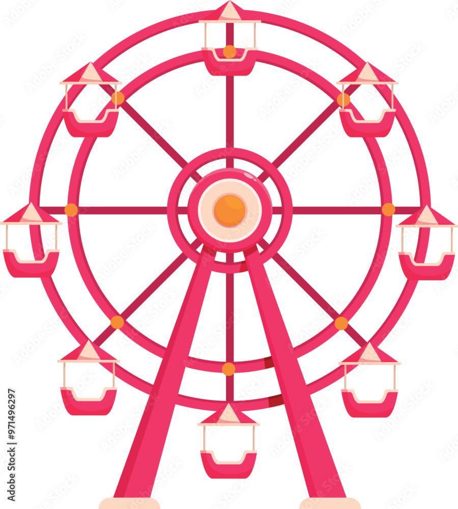 Pink ferris wheel with empty cabins standing still on white background Pink ferris wheel with empty cabins standing still on white background