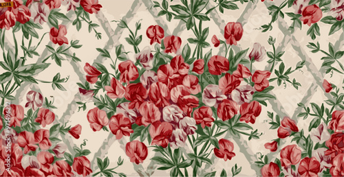 A vintage textile with a pattern of pink and red flowers on a trellis design background.