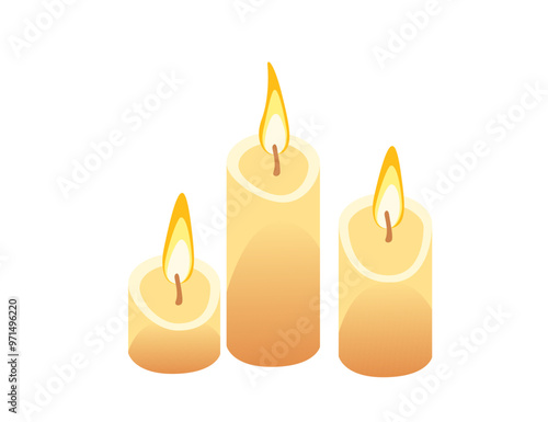 Set of three different sizes of burning candles. Wax or paraffin products. Isometric style. Vector illustration isolated on white background