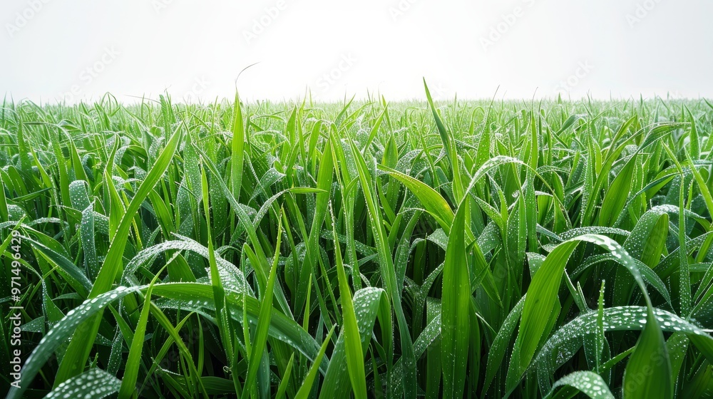Fototapeta premium Bright green field, isolated on white, with dew-covered blades. Ideal for nature-themed projects