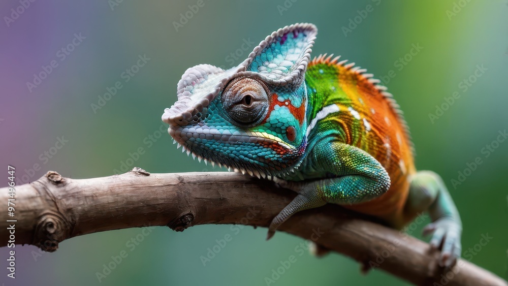 A vibrant chameleon perched on a branch, showcasing its colorful scales. A vibrant chameleon perched on a branch, showcasing its colorful scales.