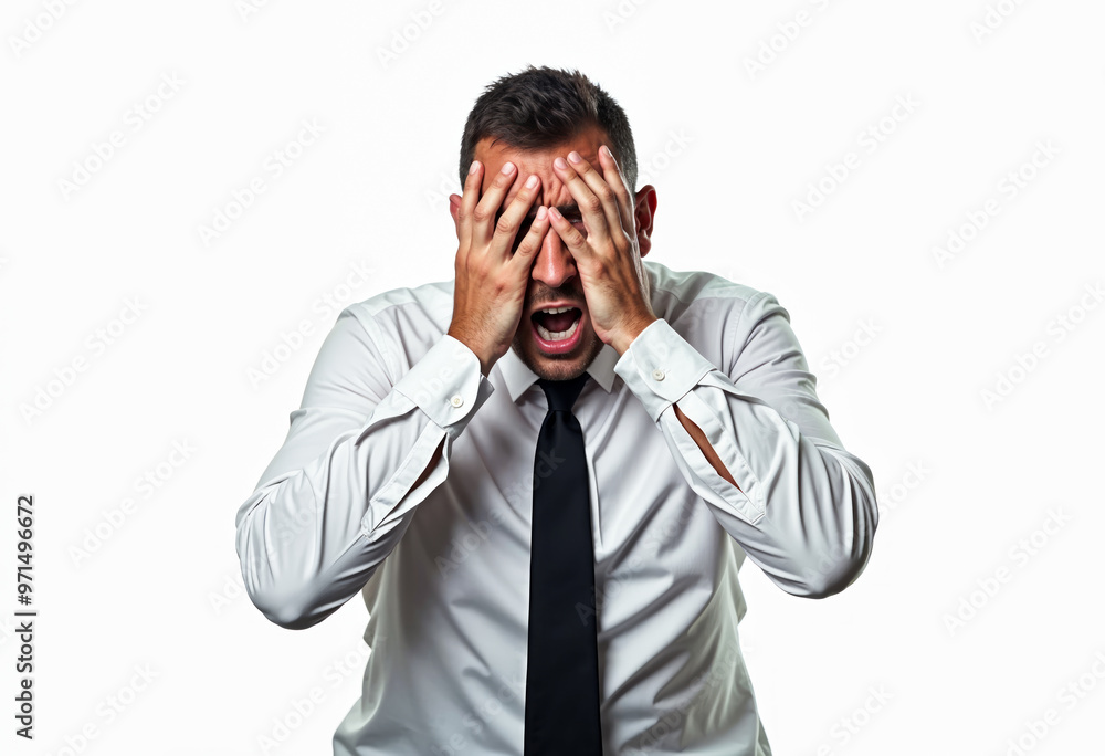 Stressed businessman in white shirt and tie covering face and screaming with frustration and anxiety experiencing burnout syndrome isolated on white background Stressed businessman in white shirt and tie covering face and screaming with frustration and anxiety experiencing burnout syndrome isolated on white background