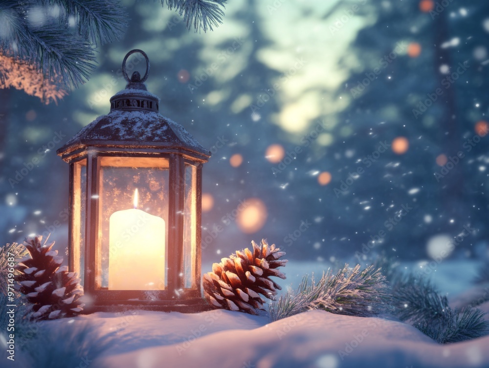 A Lantern Glowing in the Snow-Covered Forest A Lantern Glowing in the Snow-Covered Forest