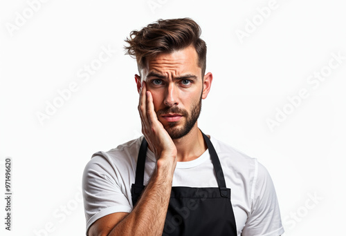 Tired frustrated chef worker man wearing apron feeling pain toothache touching cheek suffering terrible ache need dentist isolated white background dentistry problem teeth pain healthcare concept